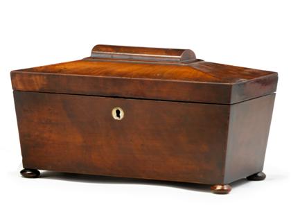 Appraisal: English mahogany tea caddy th century Of sarcophagus form the