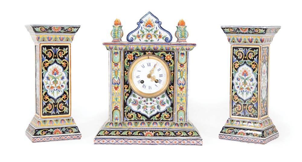 Appraisal: French Faience Three-Piece Clock Garniture c Japy Freres movement with