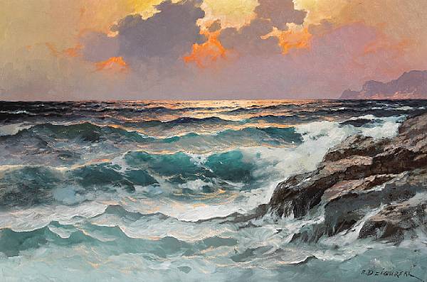 Appraisal: Alexander Dzigurski Yugoslavian American - Crashing Waves at Sunset signed