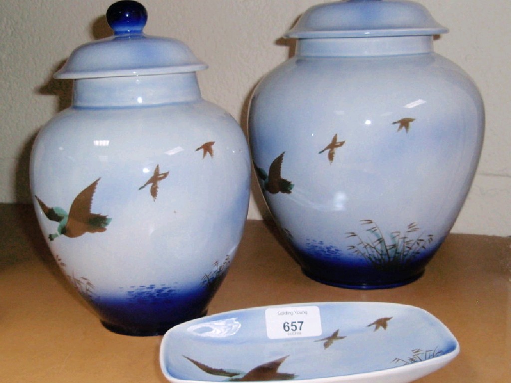 Appraisal: Two ginger jars and a pin dish in Sylvac Misty