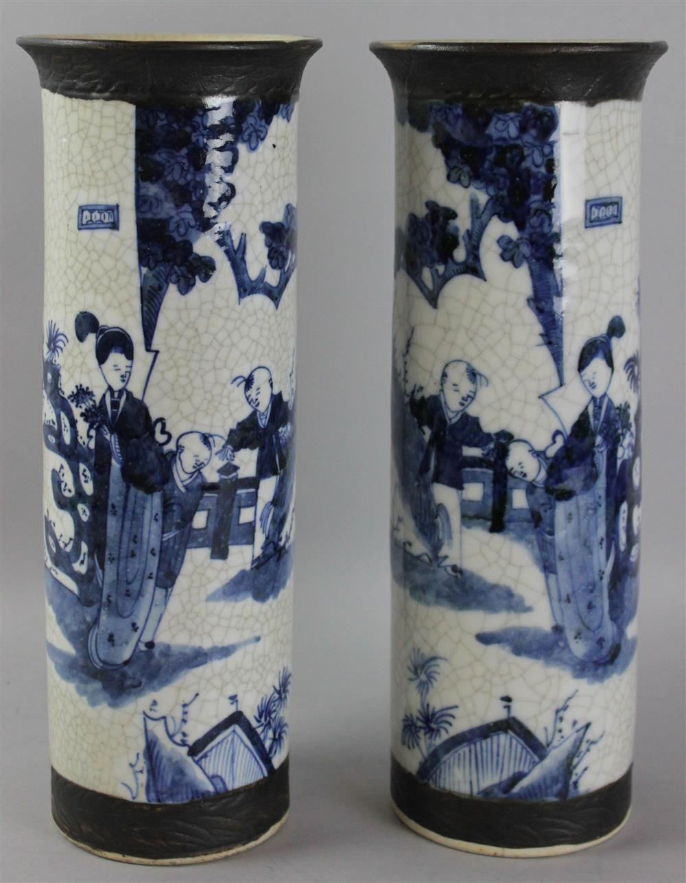 Appraisal: PAIR OF CHINESE BLUE AND WHITE BEAKER VASES decorated with