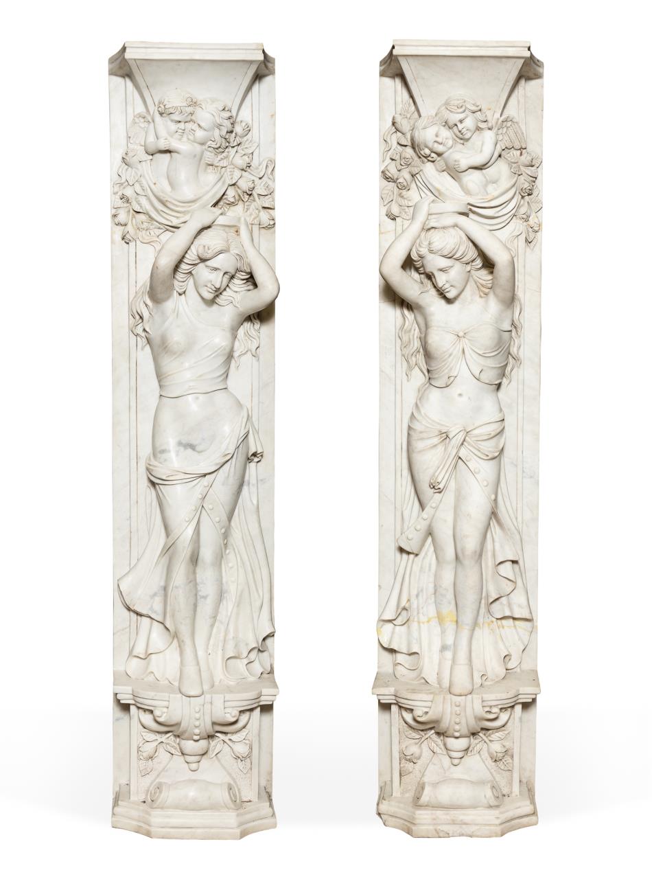 Appraisal: PAIR WHITE MARBLE FIGURAL PILASTERS TALL Continental late th to