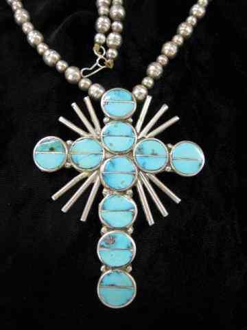 Appraisal: Indian Turquoise Sterling Necklace cross style pendant pin back ''