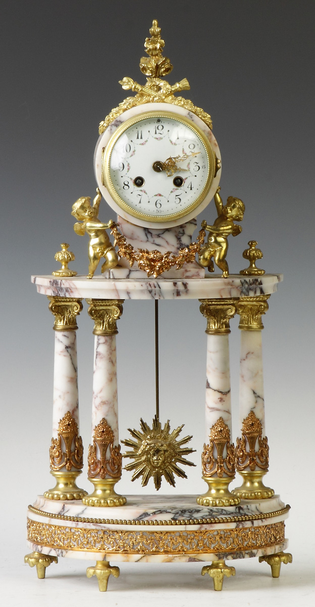 Appraisal: French Marble Portico Clock Cast metal mounts Porcelain dial day