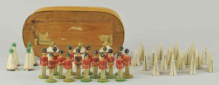 Appraisal: BOXED WOOD CARVED SOLDIER ENCAMPMENT SET Typical German made child's