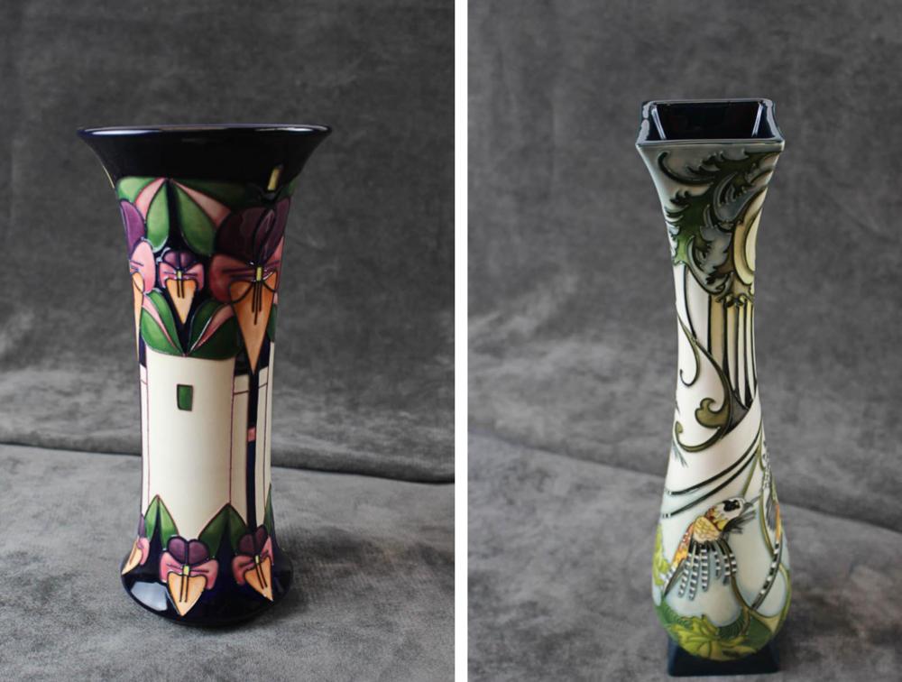 Appraisal: TWO ENGLISH MOORCROFT ART POTTERY VASES 'The Chase' vase Kerry