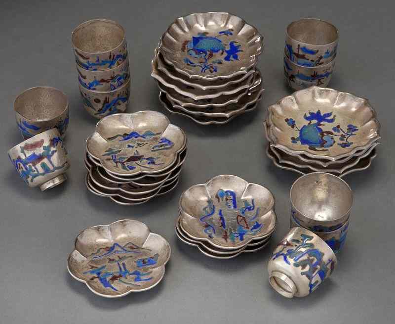 Appraisal: Chinese enamel over silver libation cupsand stands Marked ''Hankou Qingfu