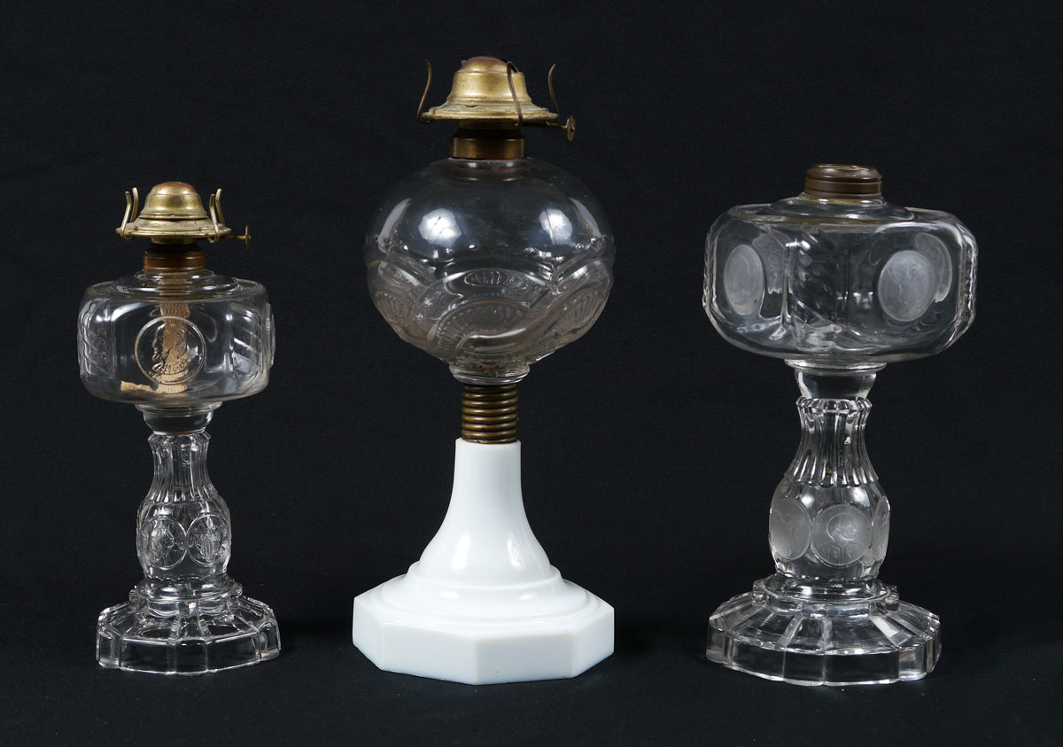 Appraisal: EAPG OIL LAMPS Coin with satin glass coins '' Coin