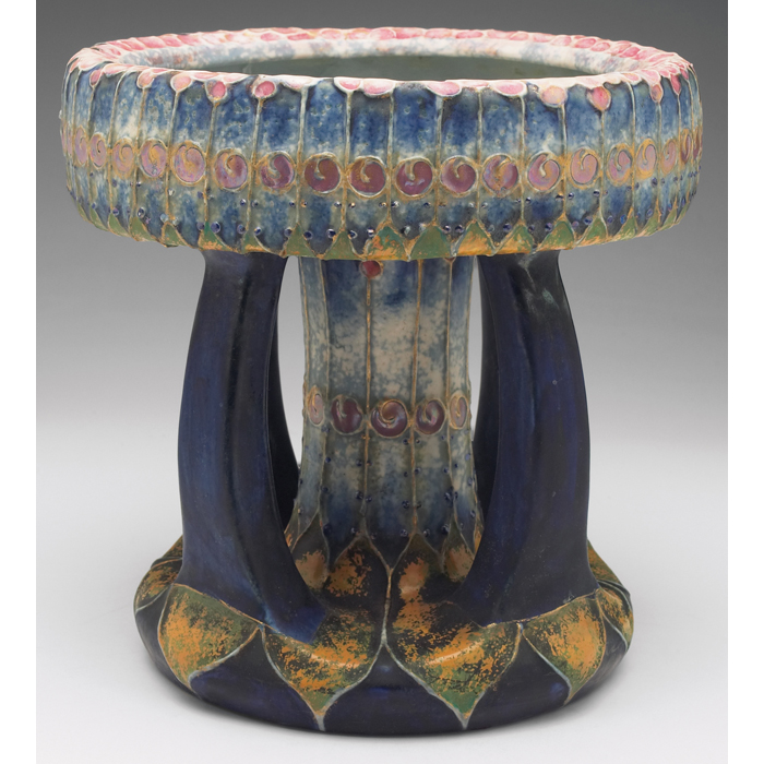 Appraisal: Amphora jardiniere large form supportedby four buttresses colorful raised andpainted