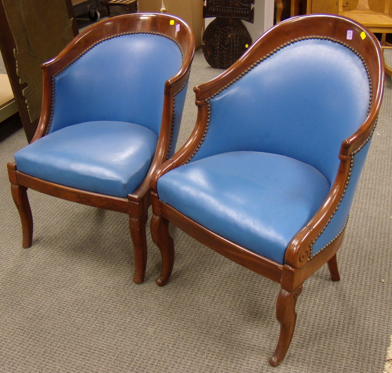 Appraisal: Pair of Classical Upholstered Carved Mahogany Easy Chairs