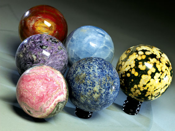 Appraisal: COLORFUL COLLECTION OF GEM SPHERES Charoite Lapis Blue Calcite Jasper