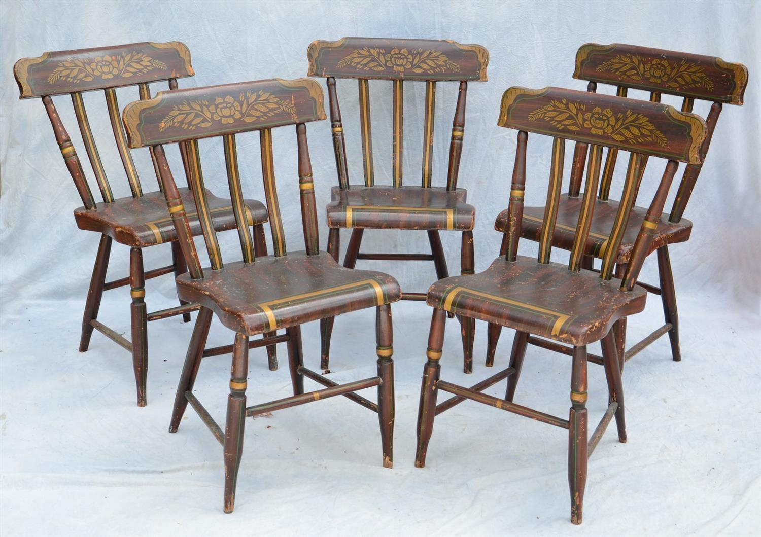 Appraisal: Slat back plank seat chairs with original stencil decoration rosewood