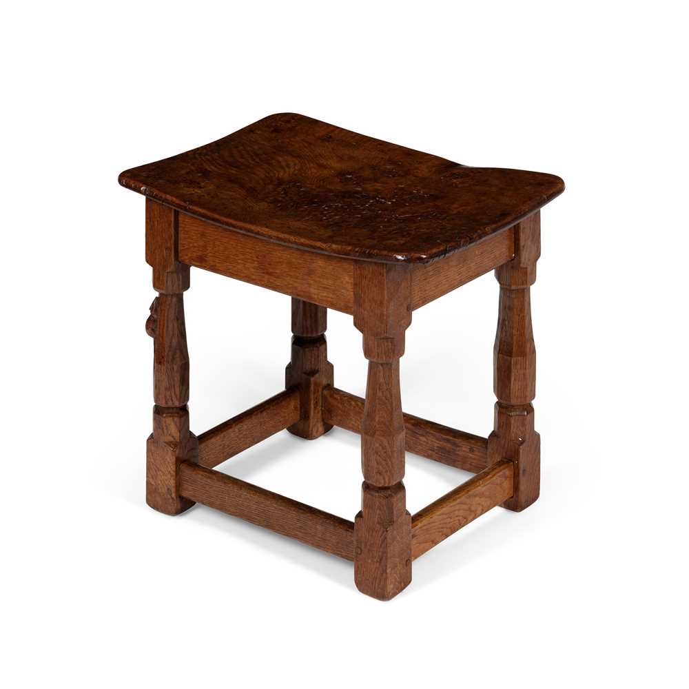 Appraisal: ROBERT 'MOUSEMAN' THOMPSON - STOOL CIRCA burr oak with carved