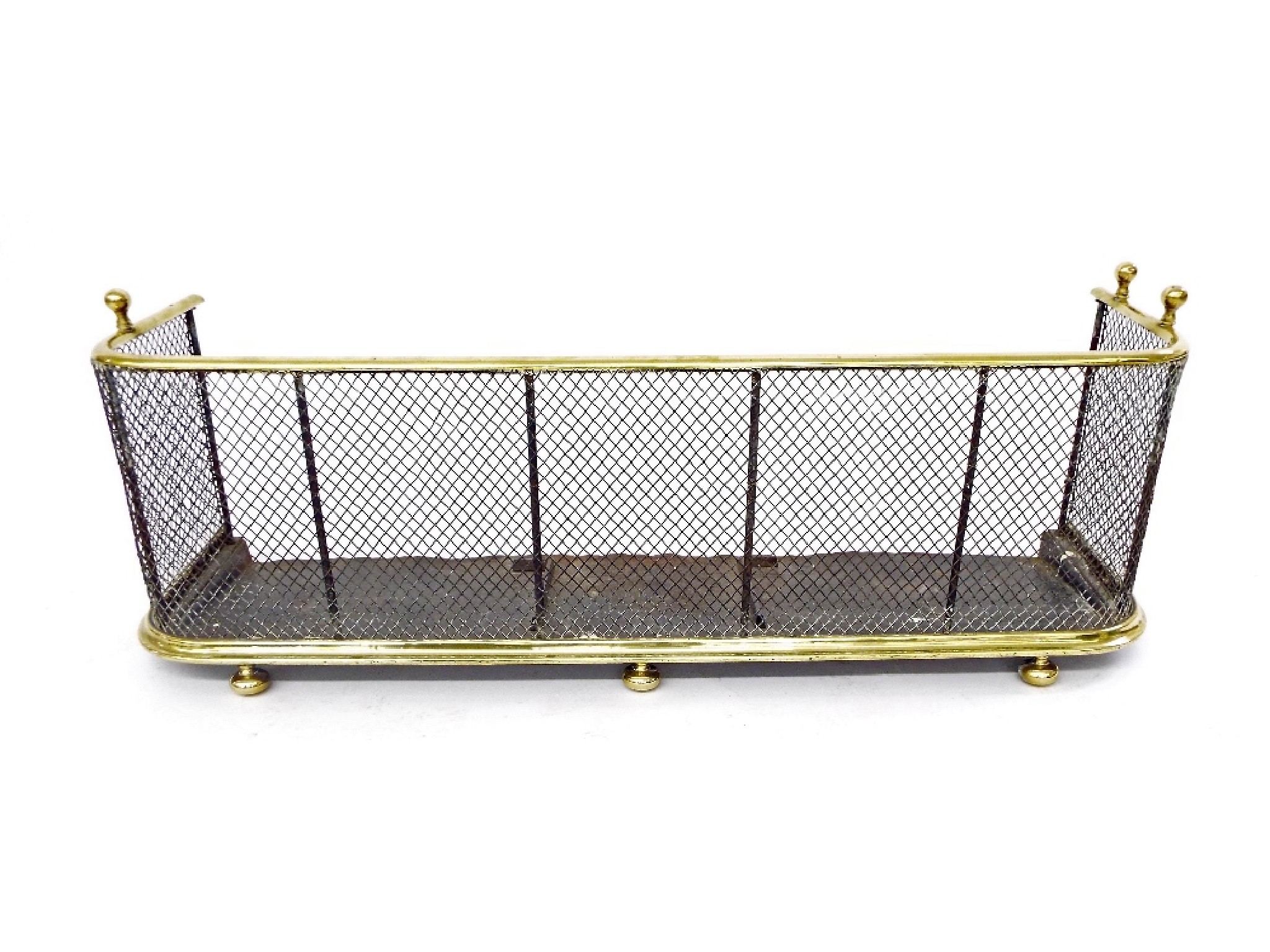 Appraisal: Regency brass and mesh fender mounted by three ball finials