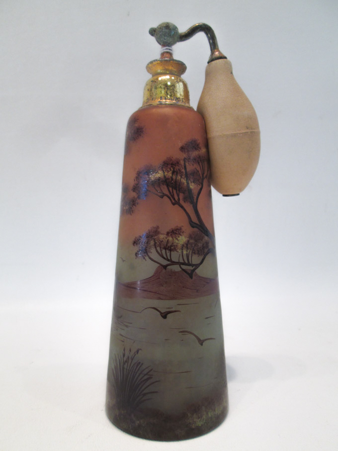 Appraisal: FRENCH ART NOUVEAU PERFUME ATOMIZER hand painted lake landscape scene