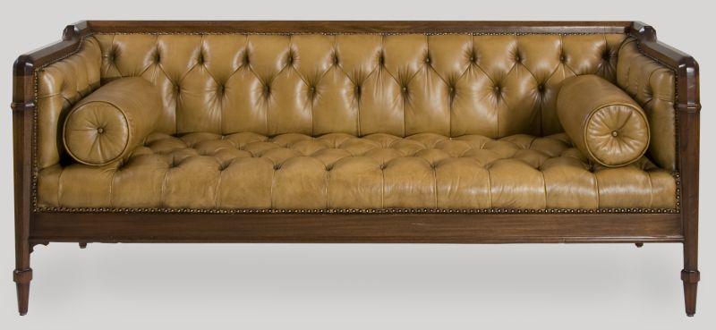 Appraisal: Vintage Louis XVI Style Brown Leather Tufted Sofa with mahogany