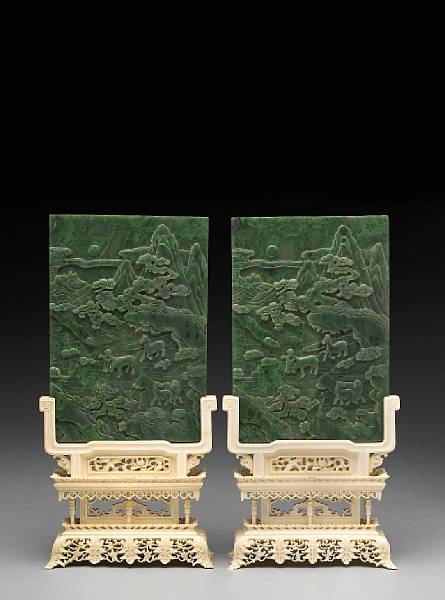 Appraisal: A pair of carved spinach jade and ivory table screens