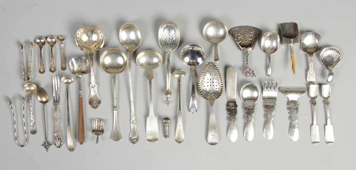 Appraisal: Sterling serving spoons sugar scoops etc Sterling serving spoons sugar