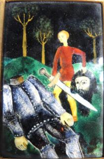 Appraisal: Small Contemporary David Goliath Enamel Plaque Depicting the moment David