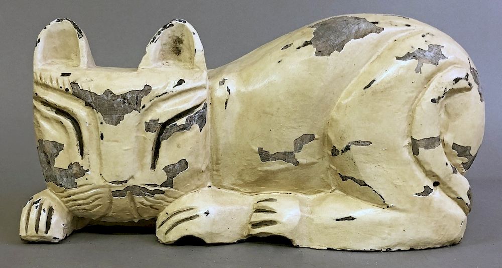 Appraisal: Carved Recumbent Cat Carved recumbent cat in cream paint h