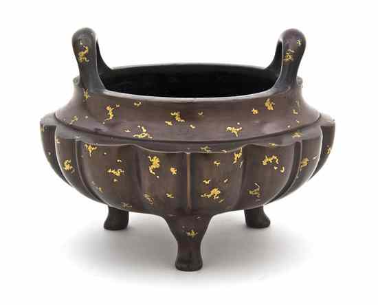 Appraisal: A Chinese Gold Splashed Bronze Censer the low vessel having