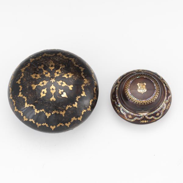 Appraisal: TWO VICTORIAN TORTOISE SHELL SILVER MOP AND BRASS COPER TABATI