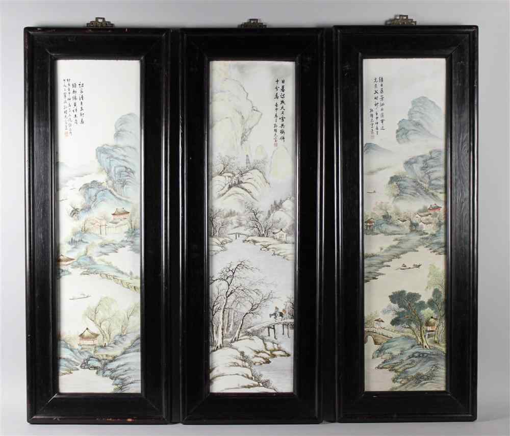 Appraisal: THREE CHINESE FAMILLE ROSE PANELS SIGNED BY SUN YAOXIAN DATED