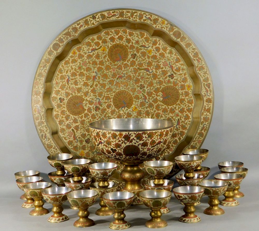 Appraisal: HUGE C Indian Enameled Brass Punch Bowl Set India Circa