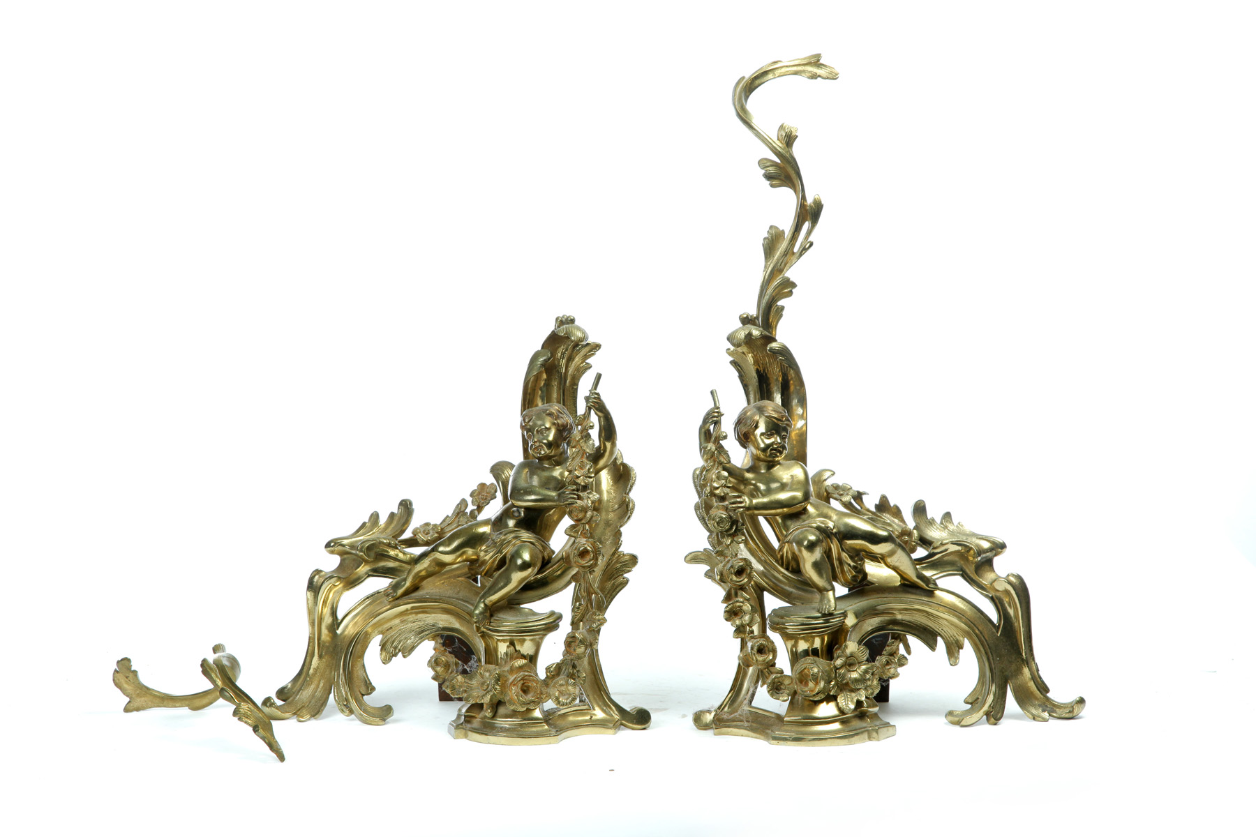 Appraisal: PAIR OF FIGURAL BRASS ANDIRONS France ca Fire gilding with