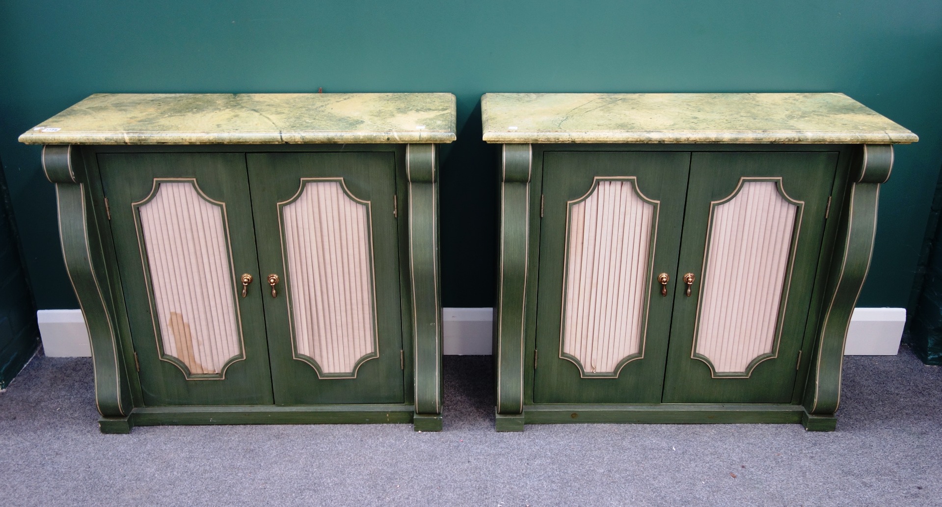 Appraisal: A pair of th century green painted side cabinets each