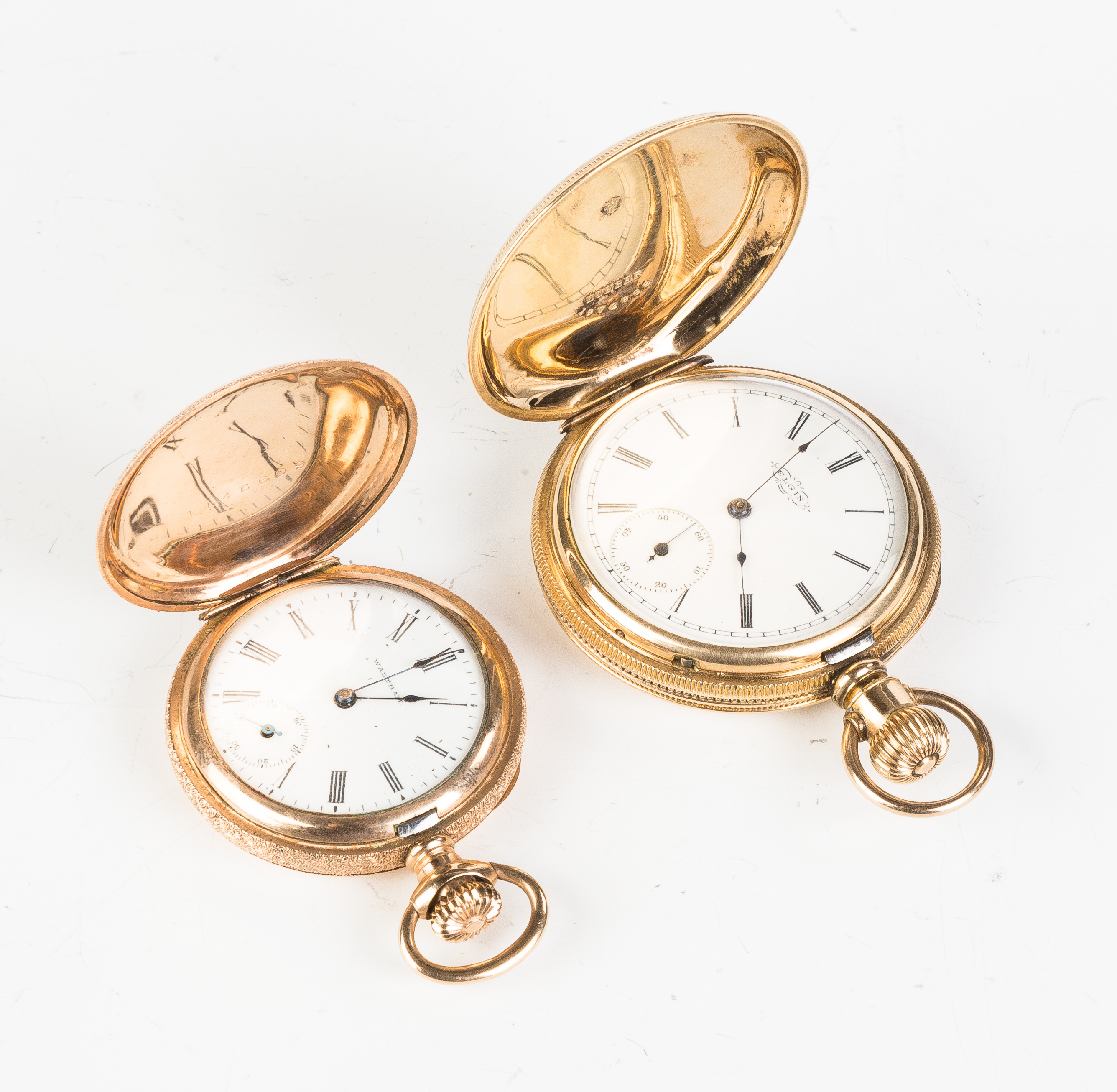 Appraisal: Two K Gold Pocket Watches Engraved Hunter cases Waltham Dia