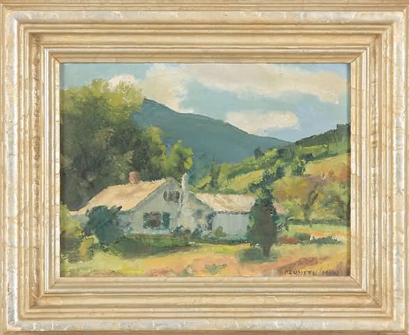 Appraisal: Landscape with white house oil on masonite x SLR Kenneth