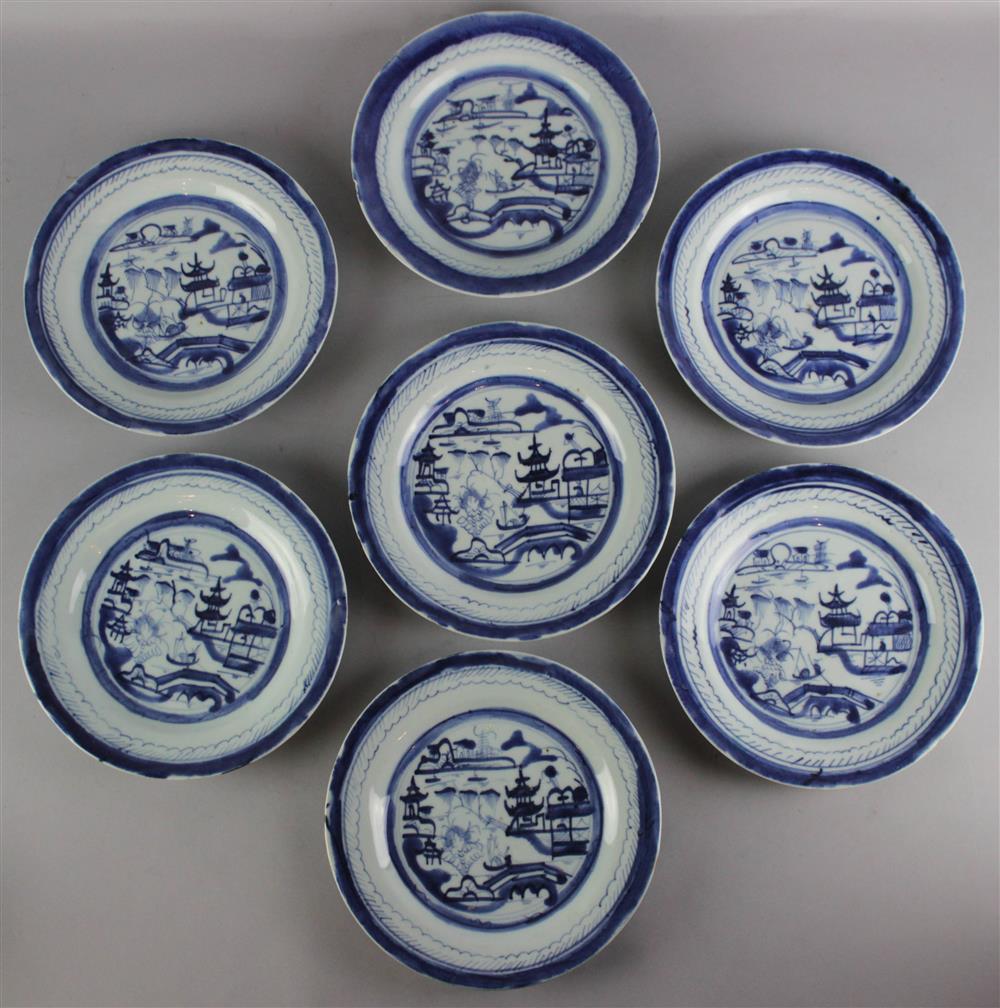 Appraisal: SEVEN CHINESE EXPORT BLUE AND WHITE CANTON DISHES TH C