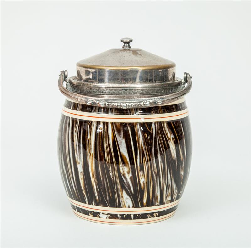 Appraisal: English Agateware Pottery Biscuit Barrel With metal rim handle and