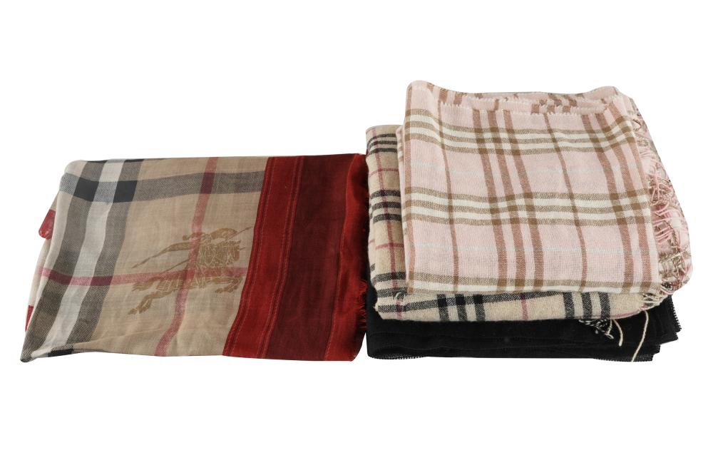 Appraisal: FOUR DESIGNER SCARVESthree Burberry red border x inches khaki plaid