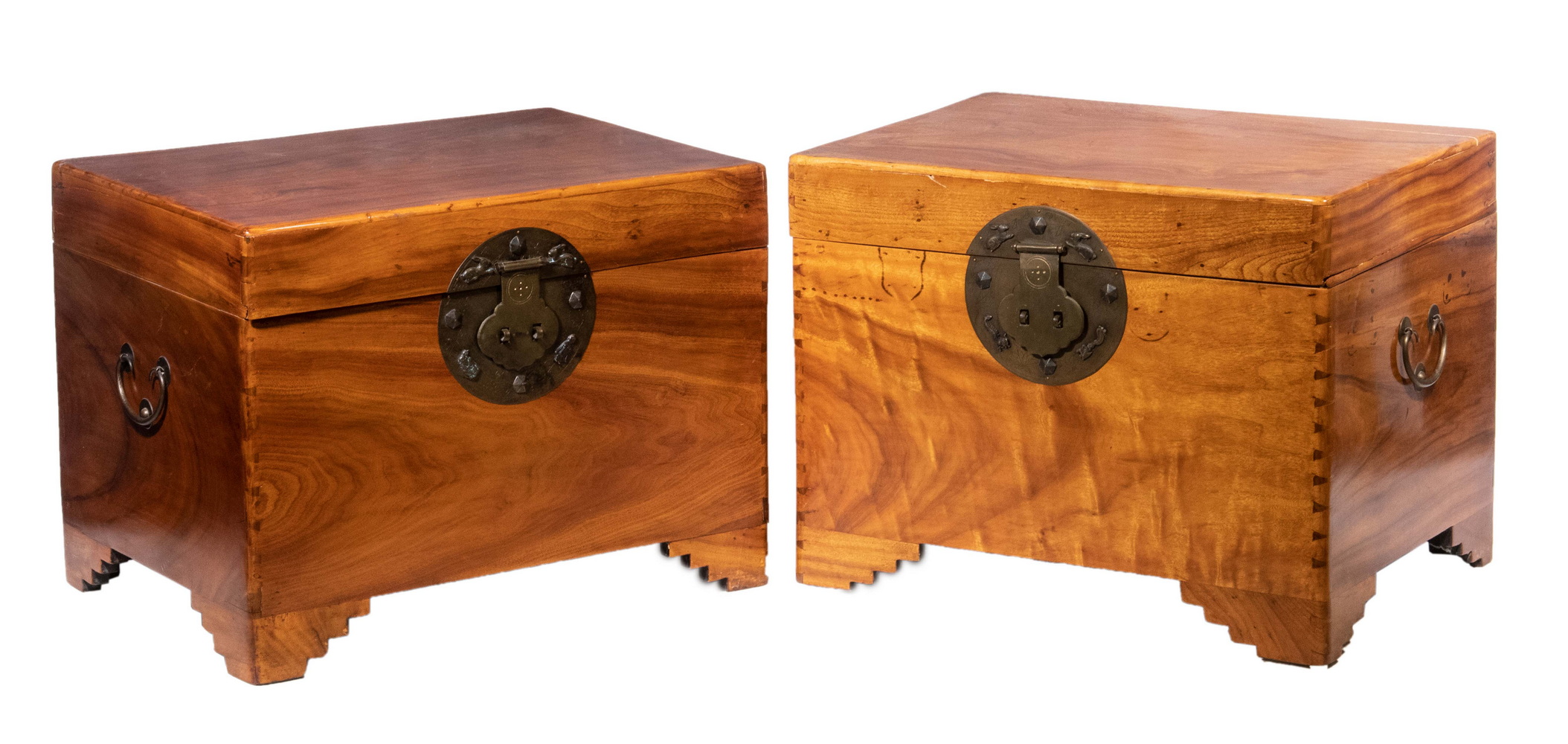 Appraisal: PAIR OF TH C CHINESE CAMPHORWOOD BRONZE MOUNTED FOOTED CHESTS