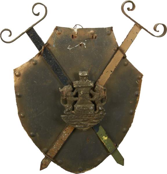 Appraisal: Metal Shield With Crossed Swords Wall Decor This contemporary piece