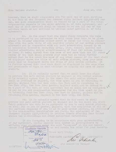 Appraisal: MARLENE DIETRICH Contract signed by Dietrich for No Highway July