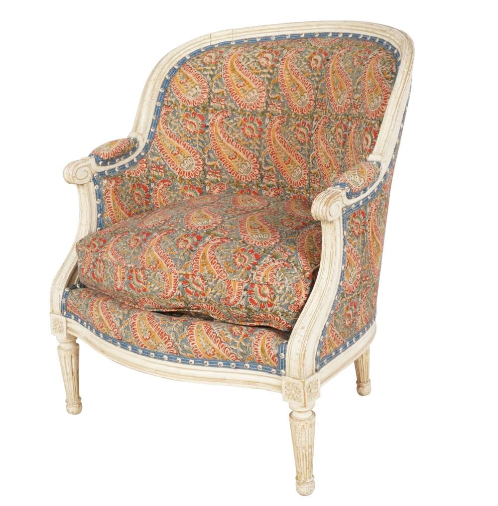 Appraisal: LOUIS XVI-STYLE PAINTED WOOD BERGERElate th century covered with paisley-patterned