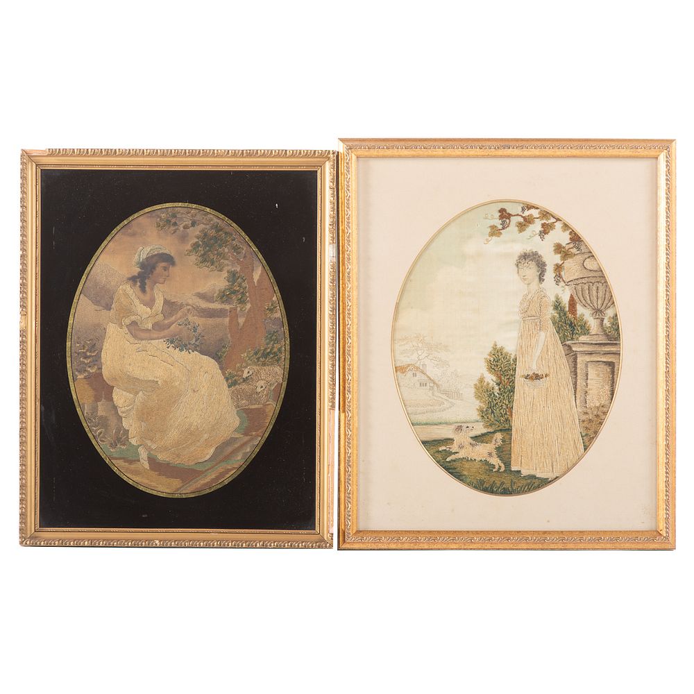 Appraisal: Two English Needlework Pictures Second quarter th century shepherdess with