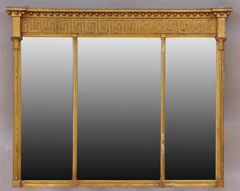 Appraisal: REGENCY STYLE CARVED GILTWOOD OVERMANTLE MIRROR The three-part plate with