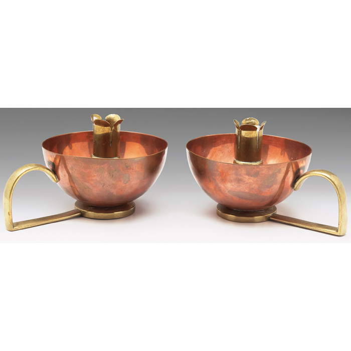 Appraisal: W A S Benson chamber sticks pair unusual forms in