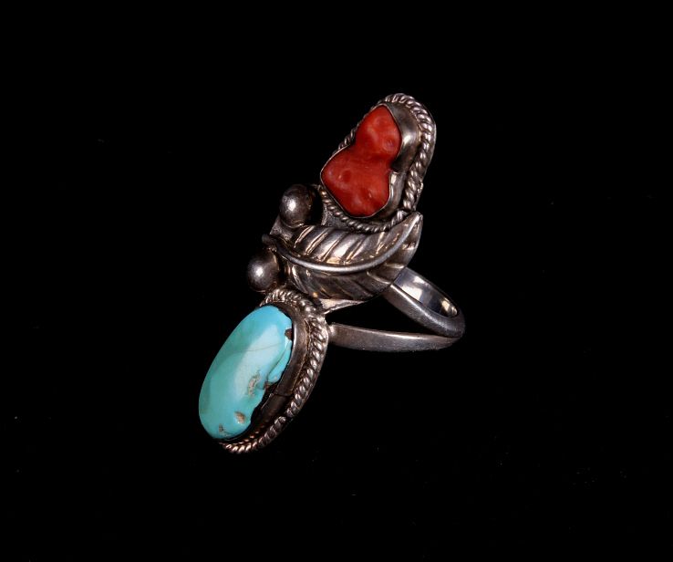 Appraisal: Navajo Old Pawn Silver Turquoise Coral Ring In this lot