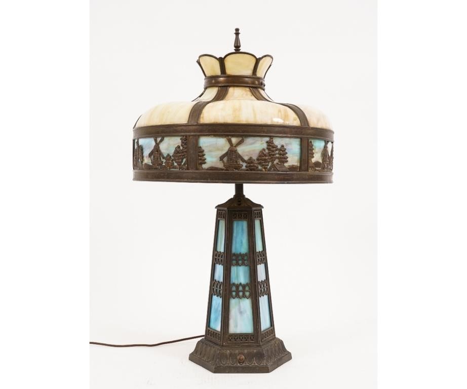 Appraisal: Slag glass table lamp with windmill landscape motif and metal