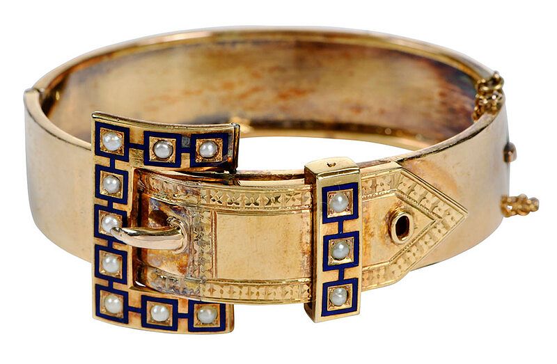 Appraisal: Antique Gold and Seed Pearl Hinged Bracelet blue enamel half