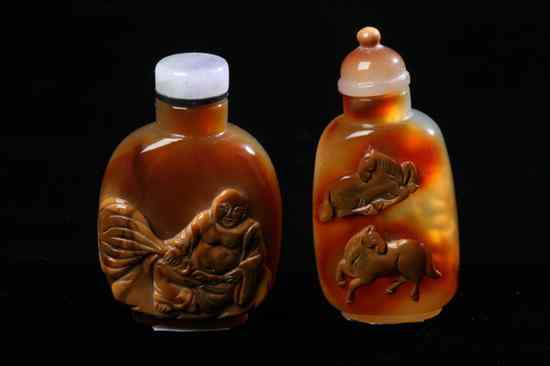 Appraisal: TWO CHINESE CAMEO AGATE SNUFF BOTTLES Flattened ovoid-form carved with