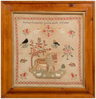 Appraisal: Peaceable Kingdom needlework large central scene of lion with lambs