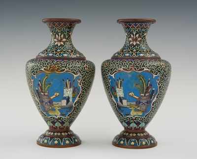 Appraisal: A Pair of Chinese Cloisonne Vases with Calligraphy Motif Mirror