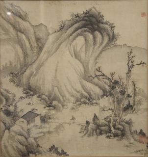 Appraisal: Vintage Chinese Inks on Silk Landscape Painting Depicting a lonely