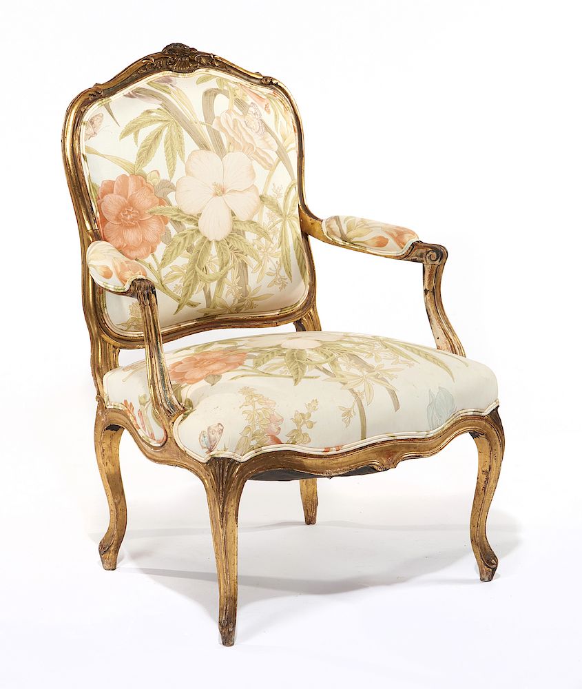 Appraisal: Louis XV style giltwood fauteuil Louis XV style giltwood fauteuil